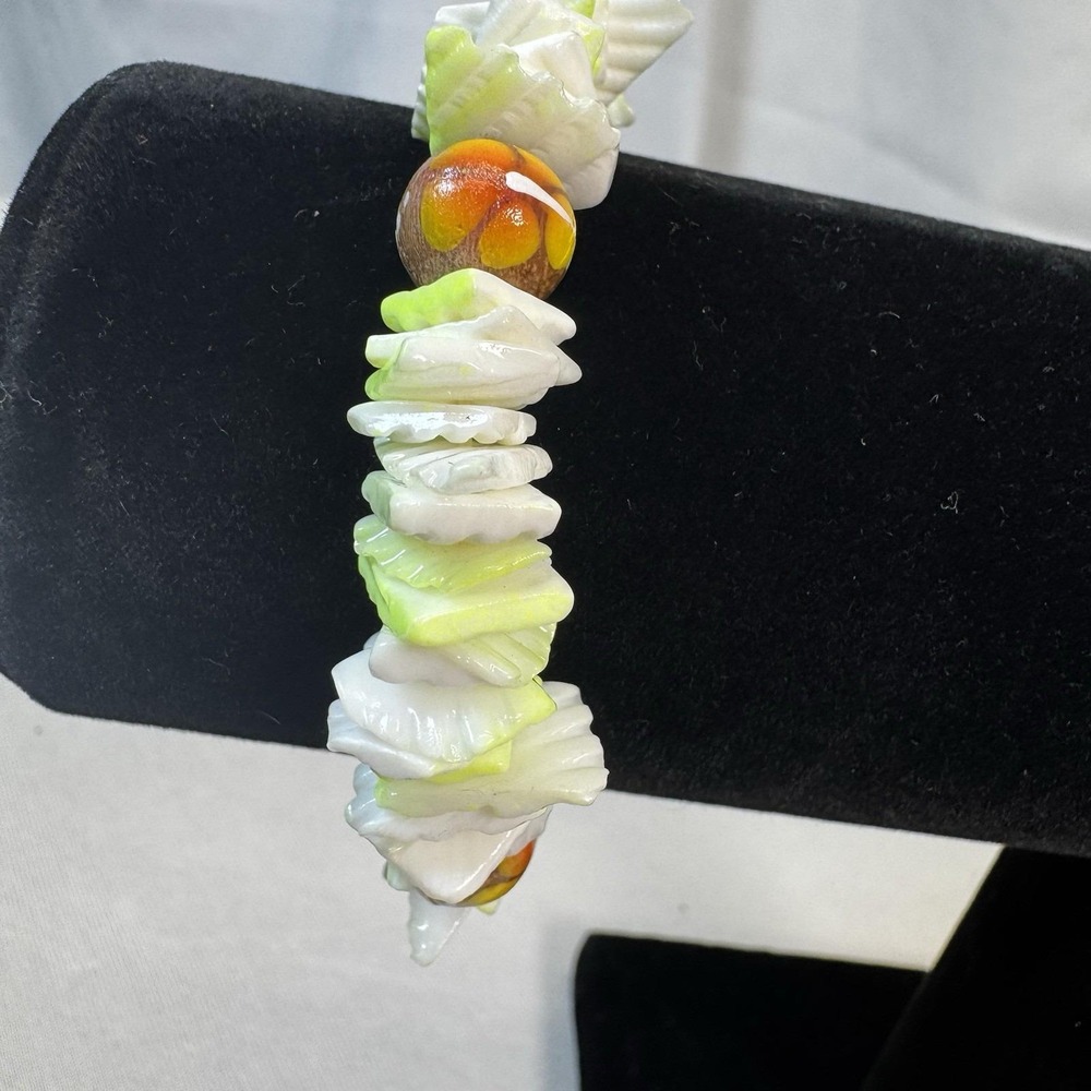 Neon Yellow and White Puka Shell Stretch Bracelet with Floral Wood Beads Boho